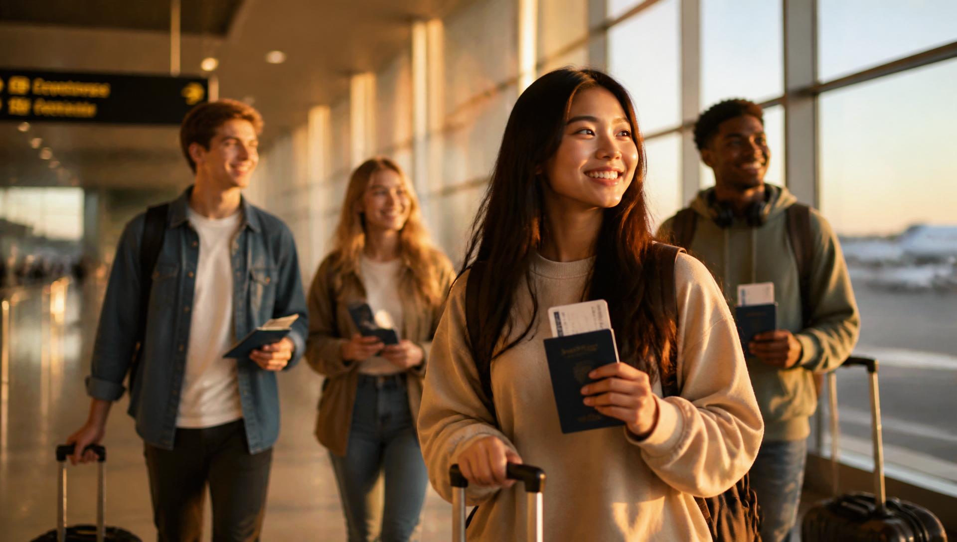 International students smiling at an airport terminal with passports and luggage